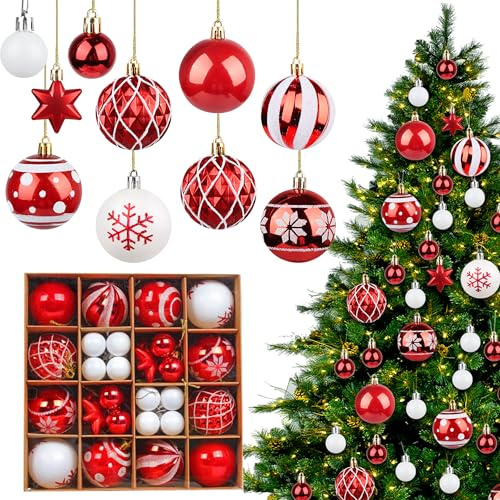 42 Stück Weihnachtskugeln Rot weiß Set, 3cm & 6cm Christbaumkugeln Kunststoff, Christmas Baubles, Bruchsichere Kunststoff Deko Kugeln für Weihnachtsbaum & Festliche Deko (Rot und Weiß)