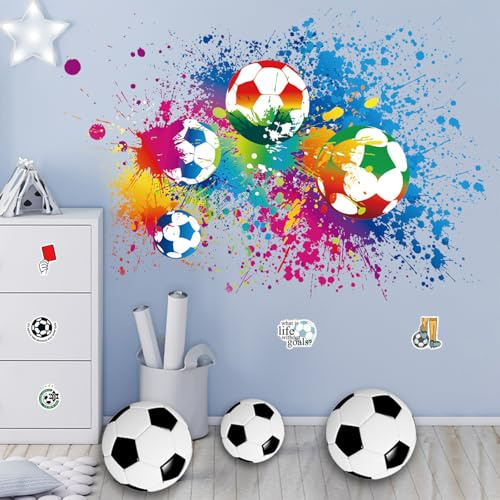 ZenyTra Fußball Wandaufkleber Set 40x60 cm mit 20 Sticker | Selbstklebende Wandtattoos für Kinderzimmer | Bunte Fußball Deko für Jungen Mädchen Zimmer | Babyzimmer Jugendzimmer Sport Dekor