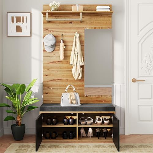 Lcoho Garderobenset, Kompaktgarderobe, Flurgarderobe mit Spiegel und Polsterkissen, Flurschrank, Wohnwand, Regal, Flur- und Dielengarderobenpaneele, Schuhschrank, (B x H x T): 100 x 190 x 38 cm