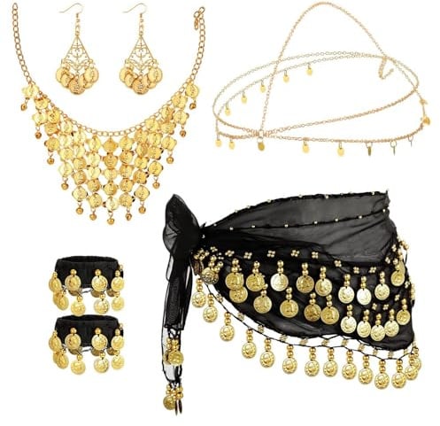 JurciCat 7 Sets Bauchtanz Kostüm Damen Bauchtanz Hüfttuch Mit Goldmünzen Ohrringe Halskette Armbänder And kopfschmuck Für Show Party Feier Halloween Karneval Kostüm