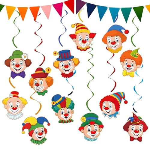 GGXDH Clown Girlande Karneval Deko mit Wimpelkette, 12 Stück Spiral Girlanden mit Clown Motiv, Faschingsdeko Luftschlangen für Deckenhänger, Hängende Wirbel Dekoration fürFasching Zirkus Deko