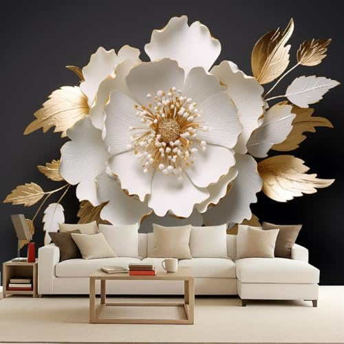 Fototapete Blumen Weiße Vintage 3D Effekt 200x140 cm - Foto Tapete Gold Blatt - Wandtapete Wohnzimmer Matt Wasserdicht Vliestapete - Wallpaper Wanddeko für Schlafzimmer Wohnung Sanierung