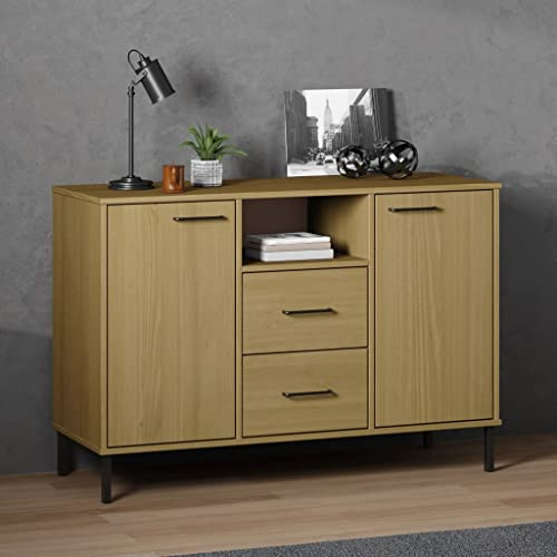 HETFTJN Sideboard Oslo braun 113x40x77 cm Massivholz mit Metallbeinen Industrie-Look Anrichte Küche Flur Wohnzimmer mit 2 Schubladen für Livingroom Corridor Bedroom