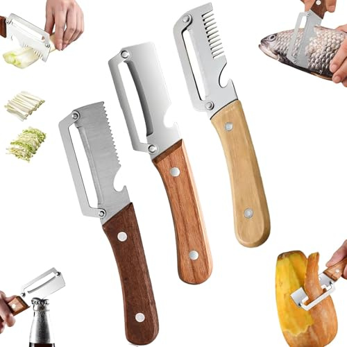 Gluckaro SchäLer, 3-In-1 Multifunktions GemüSeschäLer FüR Die KüChe, SchäLer Mit Holzgriff Und Integriertem FlaschenöFfner Zum Schneiden Von Obst, GemüSe Und Fleischscheiben (3PCS)