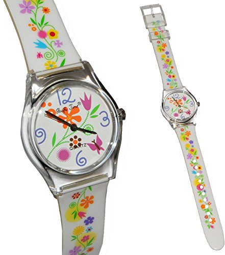 alles-meine.de GmbH Damenuhr - Bunte Blumen - Uhr Damenarmbanduhr - Armbanduhr - Blüten - Blumenranken weiß Analog Blütenranke Blume - Kinder & Erwachsene
