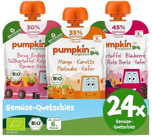 Pumpkin Organics 24er Pack QUERBEET Bio Gemüse-Quetschies - Quetschie ohne Zuckerzusatz¹ - Babynahrung für Babys ab dem 6. Monat - Kennenlernpaket (24x100g)