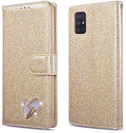 QLTYPRI Hülle für Samsung Galaxy A51, Glitzer Handyhülle PU Ledertasche TPU Etui Handschlaufe Kartenfach mit Eingelegten Liebe Herz Diamond Flip Schutzhülle für Samsung Galaxy A51 - Gold