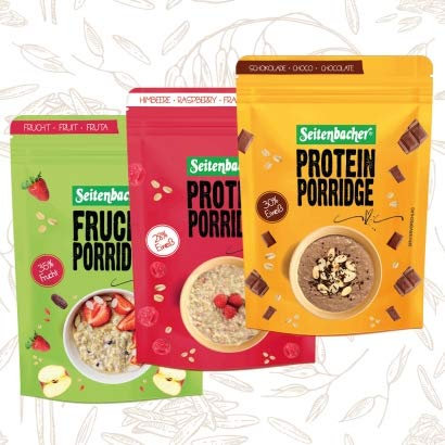 Pacchetto di prova laterale per porridge, cioccolato, lampone, frutta, proteine, cereali