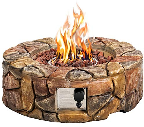 Giantex Foyer à gaz d'extérieur au propane de 71,1 cm, 40 000 BTU avec pierre naturelle, couvercle, certification ETL, brûleur à gaz en acier inoxydable avec allumage électronique (marron)