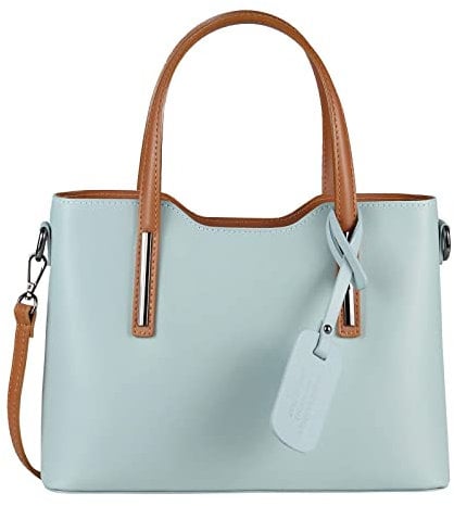 OBC Made IN Italy Damen Echt Leder Tasche Business Shopper Schultertasche Handtasche Ledertasche Umhängetasche Rindsleder Freizeittasche Hellblau-Braun