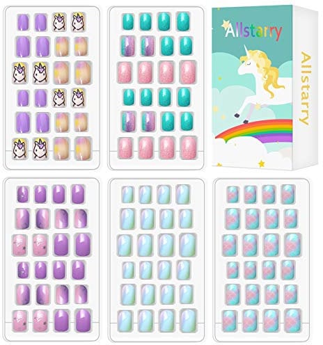 Allstarry 120pcs 5 pack Children Nails Press on Pre-glue Full Cover Glitter Gradient Color Rainbow Short False Nail Kits Lovely Gift for Children Little Girls Nail Art Decoration - Purple Unicorn