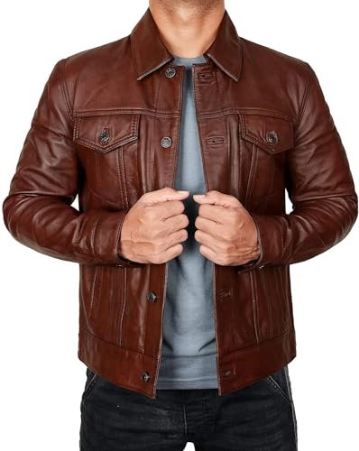 STOREJEES Leder-Trucker-Jacke für Herren, echtes Lammfell-Hemd, Vintage-Stil, modische Herren-Lederjacke, Trukcer Jacke - Braun, X-Small