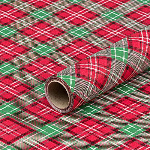 Natürlich verpacken Rouleau de papier cadeau de Noël lisse Motif tartan rouge et vert 0,7 x 10 m