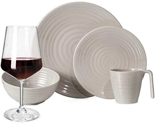 Melamin Camping Geschirr Set 4 Personen Coffee Design 16 Teilig + Milano Gläser Rot Weingläser Tafelgeschirr Picknick BBQ Kochgeschirr