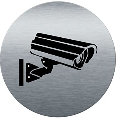 AUA SIGNALETIQUE - Plaque de porte Aluminium brossé imprimé AluSign Ø 85 mm - épaisseur. 3 mm - Double Face adhésif au dos (Vidéo Surveillance)