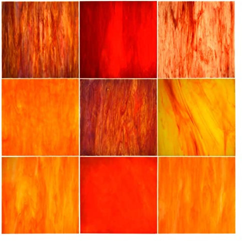 KIPHEPI 9 Stück verschiedene strukturierte gemischte Textur, Buntglasplatten, 15,2 x 15,2 cm, Kathedrale Kunstglas für Buntglasherstellung, Zubehör und Mosaikfliesen zum Basteln (rote Serie)