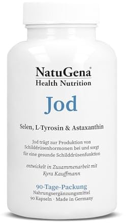 NatuGena Jod, L-Tyrosin & Astaxanthin, Jod-Komplex mit Selen, für eine gesunde Schilddrüsenfunktion, Kaliumjodid, 90 Kapseln (90 Tage Packung)