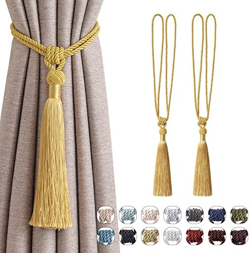 Pretty Jolly 2 Pack Long Tassel Curtain Tiebacks Handmade Braided Rope Knot Drape Tie Backs European Style Decorative Curtain Holdbacks for Home & Office Window Drapery (Yellow)