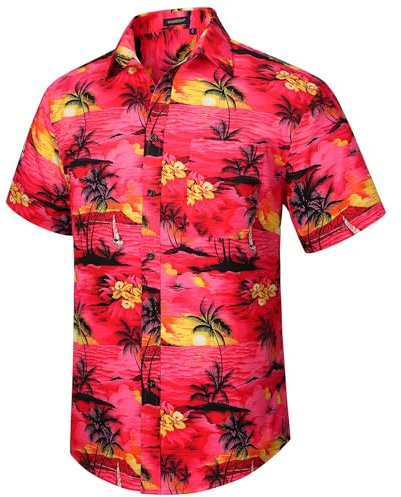 HISDERN Mens Hawaiian Shirts Funky Hawaii Print Aloha Shirt Men Summer Casual Short Sleeve Unisex Tops Beer Pattern Shirt Beach Wedding Holiday,Red,L