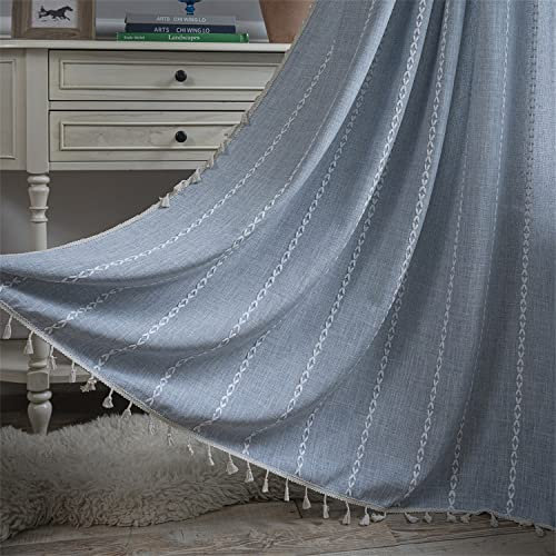 HIRHOEH Gardinen Boho Unifarben Gestreift Durchscheinende mit Quasten Vorhänge, Baumwolle Leinen Bestickete Landhausstil Vorhang für Küche Wohnzimmer,1 Stück (Blau,132x260cm (BxH))