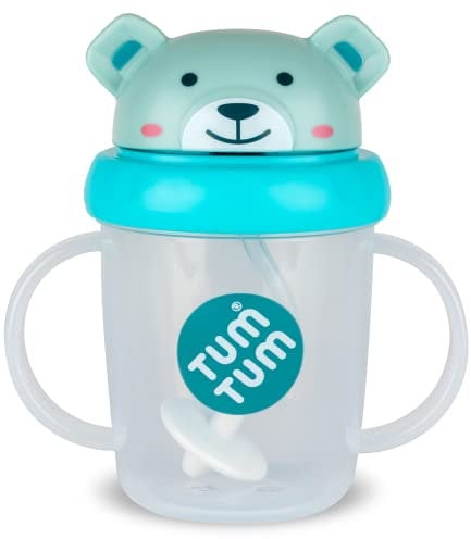 TUM TUM Tasse avec paille lestée, Tasse anti-fuite, Tasse d’Apprentissage pour Bébé, Couvercle Rabattable, Paille en Silicone (Boris l’Ours 200ml)