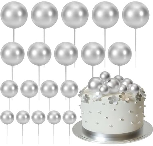 ASTARON 20 Pcs Ball Cake Topper Decorations Mini Balloons Cake Topper Sticks Silver Balls Cake Picks Cake Topper Balls Cake Decorations for Wedding Birthday Cake Decorations