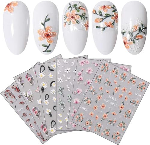 JMEOWIO 6 Sheets 3D Embossed Spring Flower Nail Art Stickers Decals Self-Adhesive 5D Colorful Summer Floral Pink Nail Supplies Nail Art Design Decoration Accessories