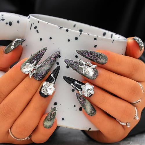 Sethexy Black Handmade Press On Nails Long Stiletto Cat Eye False Nails Rhinetone Salon Acrylic Fake Nail for Women and Girls 10PCS (Black1)