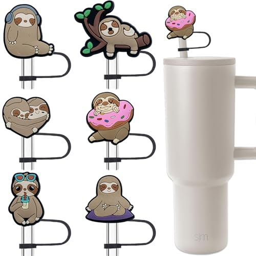 Amreich Sloth Straw Topper for Simple Modern, 6 PCS Silicone Straw Cover Cap for Hydro Flask Tumblers, Animal Silicone Dust-proof Straws Cap Accessories for Home Office Straws Cups