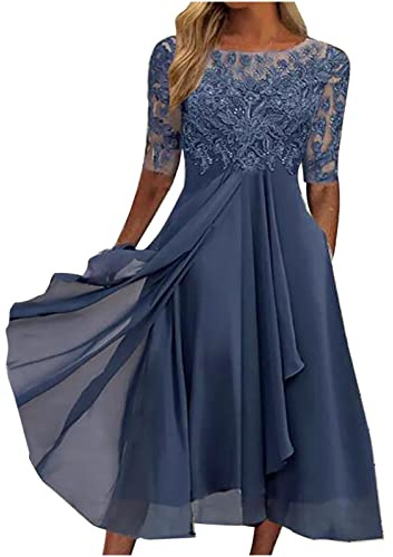 Zeiayuas Women's Elegant Maxi Dress Lace Chiffon Long Dresses Summer Short Sleeve Tunic A Line Dresses Mesh Floral Party Dress Regular Fit Club Dresses Wedding Guest Outfits for Ladies Sale Clearance
