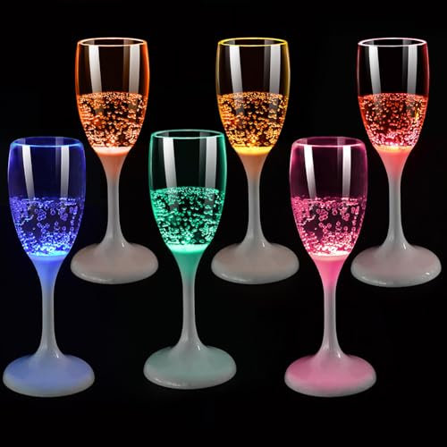Asudaro LED-Sektflöten 6/1 PCS Sektglas Einfarbiger Kelch 120 ml Automatische Beleuchtung Hoher Kelch Austauschbare Batterie Sektglas Elegante Sektflöten aus Glas für Bar Weihnachtsfeier