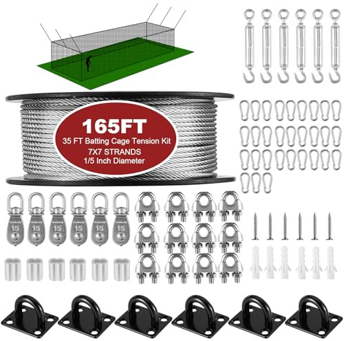 RIIFRILY Batting Cage Netting Wire Spänningssats infällbar slagsbur kabelkit upphängning, gör-det-själv slagbur, inomhus- och bakgårdsdesign, batting burram kit (35 fot)