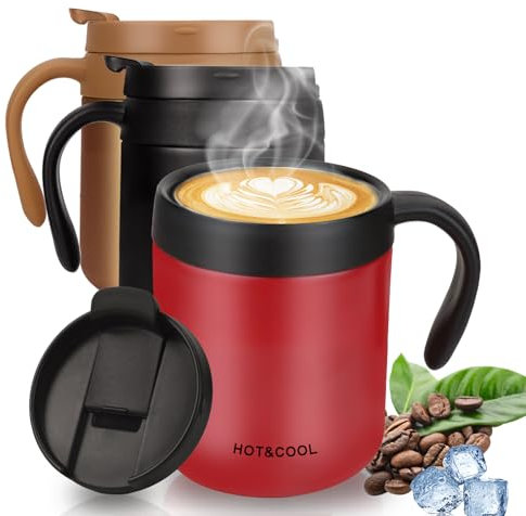 Coffee Cup 350ml, Thermal Coffee Travel Mug with Handle and Lid, Reusable Double Walled Stainless Steel Insulated Coffee Mug, Portable Coffee Flask Fits Car Cup Holders/Outdoor/Office/School, Red 12oz