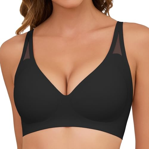TOMEEK Soutien-Gorge Femme Soutien Gorge sans Armature Sexy Col en V Brassiere sans Couture Push Up Classiques Bralette Invisible Confortable Soutien-Gorge avec Coussinets(Noir,M)