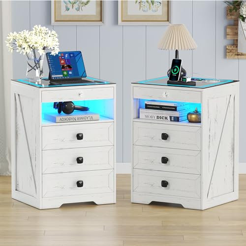 Gurexl Set of 2 LED Bedside Table with Hidden Drawer, Glass Top Bedside Table with Wireless Charger Station, LED Night Stand with Human Sensor Design, Modern End Table for Bedroom Living Room (White)