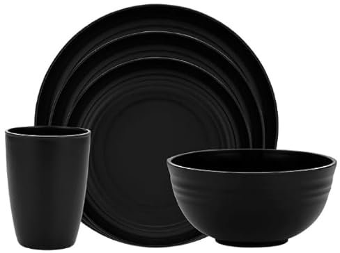 Camping Besteck Set, Camping Geschirr Schwarz, Edelstahl-Besteck, wiederverwendbarer Leichter Becher, spülmaschinenfest mit Becher, Schüssel, Teller und Tasche, Ideal für Outdoor, Picknick und Reisen