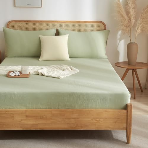 Luofanfei Musselin Spannbettlaken 90x200cm Baumwolle Grün Salbeigrün | Sommer Boxspringbett Topper ÖKO-TEX Bettlaken,Uni weiche und atmungsaktiv Spannbetttücher,für Hohe Matratze bis 25-30 cm
