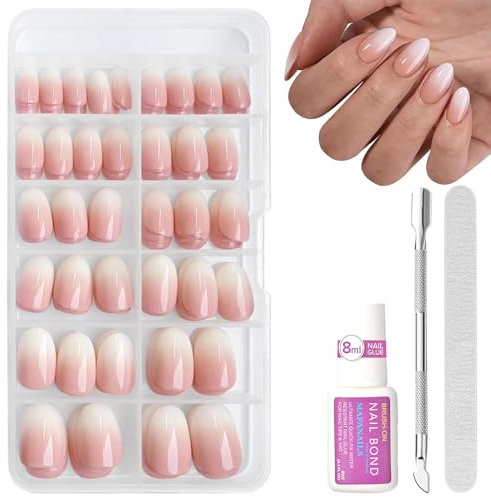 French Tip False Nails Set - 120PCS Almond French Press On Nails - Short Nude Pink Gradient Fake Nails With Glue - Natural Glossy Acrylic Full Cover Stick On nails For Women Girls Daily Wear nail Art