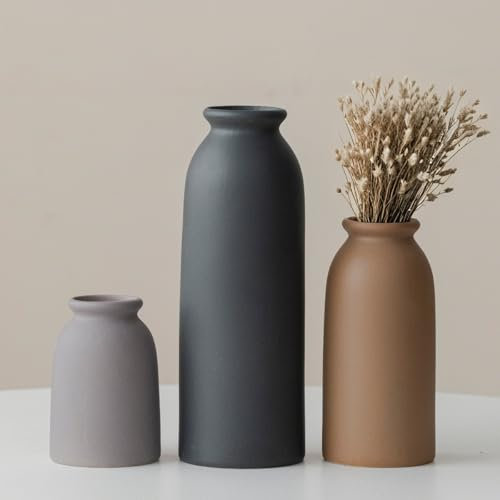 Keramik Vasen Set 3er, Kleine Blumenvasen für Dekor, Black, Orange, Gelb, Weiß (Black Middle)