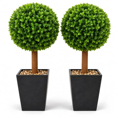 Artificial Ball Trees in Pots, Pack of 2 – 42cm Boxwood Topiary Trees for Front Door, Entrance, Wedding, Office & Home Déco