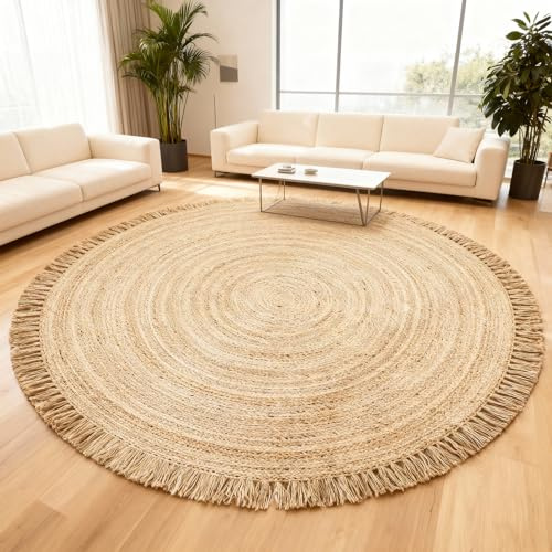 FURNISHFUL FINESSE Runder Jute-Teppich, handgewebt – 152 cm rund | Handgewebt aus 100% Jute; natürliche Boho-Optik; ideal für Wohnzimmer, Schlafzimmer und Küche.