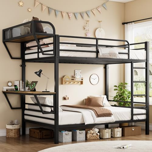 Bunk Bed Twin Over Twin, Metal Bunk Beds with Power Outlets & Desk, Heavy-Duty Bunkbeds Frame with Safety Guardrail & Ladders, Upper Bed with Storage Rack, No Box Spring Needed, for Juniors, Black