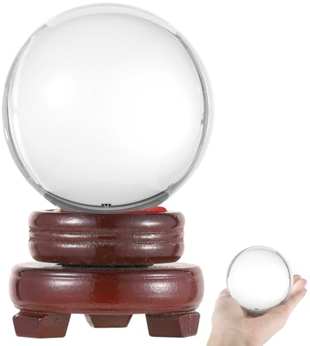 Calolin Crystal Ball with Wooden Stand, 3.1 Inches Glass Sphere Ball with Wood Base, Decorative Crystal Glass Ball, glass Lensball Witchcraft Present,crystal ball Home Office Decor Photography Prop