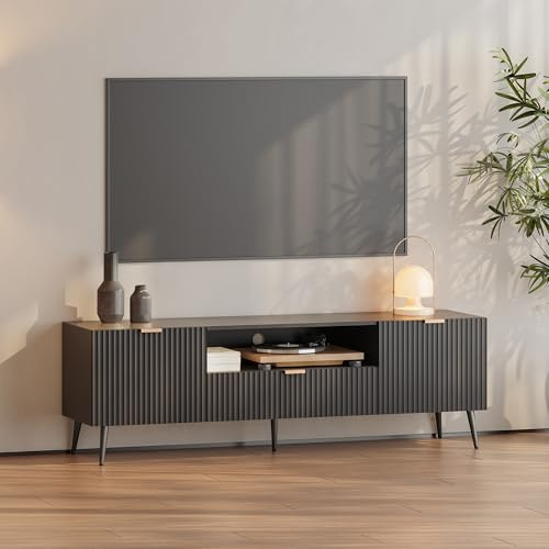[en.casa] Mobile Porta TV a Ante Decorative e 2 Scomparti Chiusi Mobile Contenitore con Vano Aperto Cassetto Stand Multimediale Foro Passacavi 160x40x51 cm Soggiorno - Nero