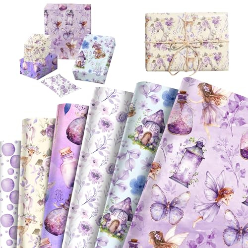 12 Blatt Lila Feen Geschenkpapier Butterfly Party Geschenkverpackung Blumen Pilz Kunstpapier für Geburtstag Brautparty Babyparty Hochzeit DIY Basteln Geschenke