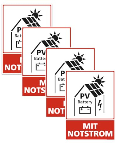 Signalétique.biz France - Set mit 4 - PV Battery Aufkleber – Warnaufkleber Photovoltaik & Notstrom | Schwarz/Weiß/Rot Piktogramm | Selbstklebend | 300x210 mm