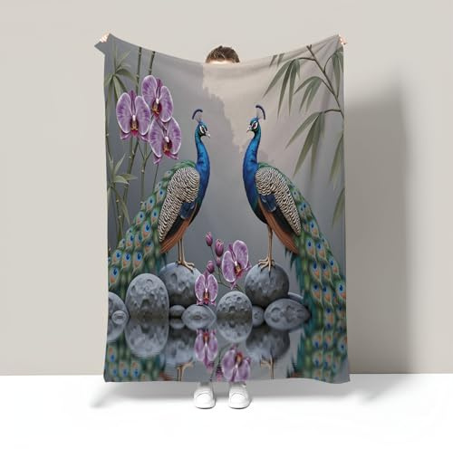 MIATCENRT Wohndecke 200x200cm Realistischer Pfau Orchidee Bedrucktes Kuscheldecke, 3D China Kunst Muster Flanell Wärmedecke Fleecedecke Leichte Decke, Blaugrün 3D Drucken Schlafdecke