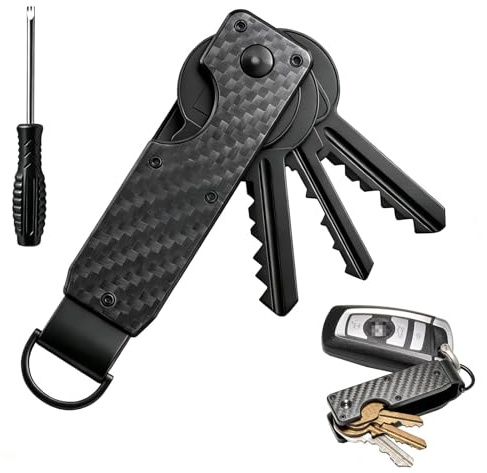 Organisateur de clés compact en aluminium noir, Étui porte-clés silencieux anti-rayures pour jusqu’à 6 clés, système à vis extensible avec anneau en D pour clé de voiture, EDC, Et tournevis personnal