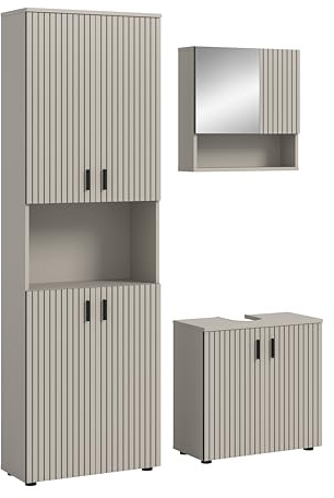 xonox.home – Badkombination Mone 135x192x30 cm in Kaschmir Nachbildung – 3-teiliges Set mit Badschrank, Waschbeckenunterschrank & Spiegelschrank – funktional & vielseitig kombinierbar