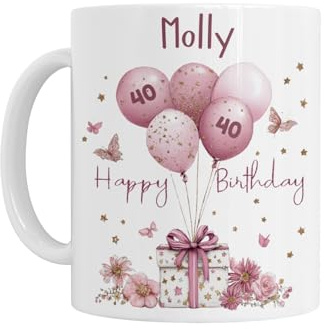 40th Birthday Gift for Her - Personalised 40th Birthday Mug, Pink Present, Balloons and Flowers Design, Age 40, White Ceramic, Dishwasher Safe